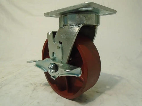 Six By Two Inch Swivel Caster Wheels With Brakes Kingpinless Ductile Steel Rollers 2000 Lbs Capacity each four pack, showing a single heavy-duty caster.