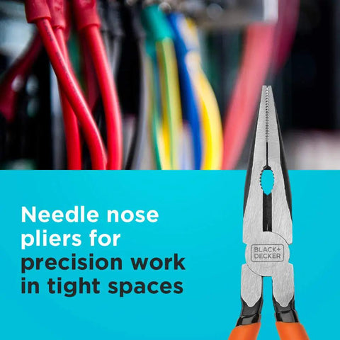 Needle nose pliers from 4 Piece Pliers Set With 8 Inch Slip Joint Pliers 7 Inch Linesman Pliers And 6 Inch Needle Nose Pliers Versatile Hand Tool Kit For DIY Projects Electronics Wiring And Home Improvement displayed against colored wires.