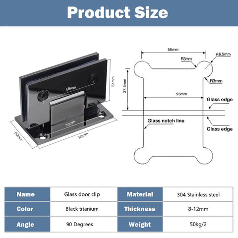 Rock Solid Glass Shower Hinges 2 Pack 90 Degree Built Like a Tank 304 Stainless Steel Brushed Finish for Frameless Glass Doors Bathroom Hardware Easy Install diagram with dimensions.