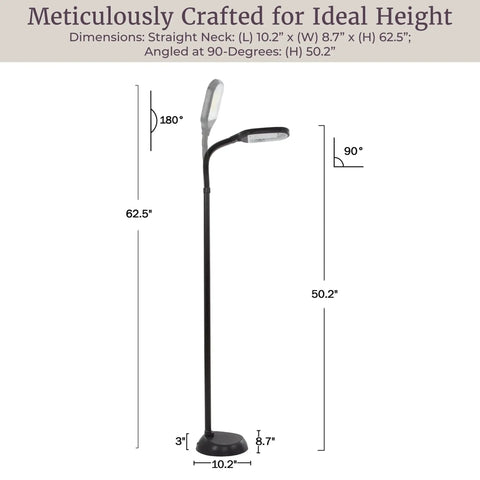 Adjustable Floor Lamp With Full Spectrum Natural Sunlight For Reading, Craft, And Studying, bendable neck, dimensional view