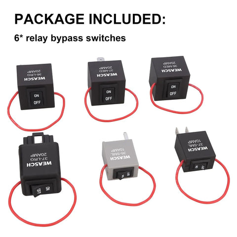 Plug And Play Fuel Pump Relay Bypass Kit with six relay tester modules shown with red loops and on/off switches
