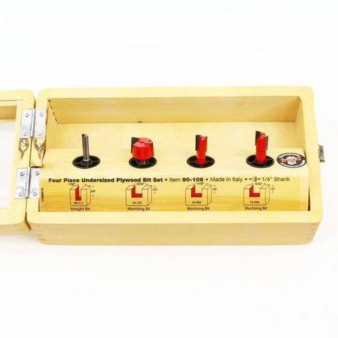 4 Piece Plywood Router Bit Set With 1/4 Inch Shank In Shadow Box Case For Wall Or Bench Mount, cuts plywoods, hardwoods, softwoods