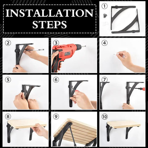 Installation steps for 4 Pack Black Wall Mounted Shelf Brackets Beefy Iron Heavy Duty Triangular Curved Design supporting 7.9-inch shelves