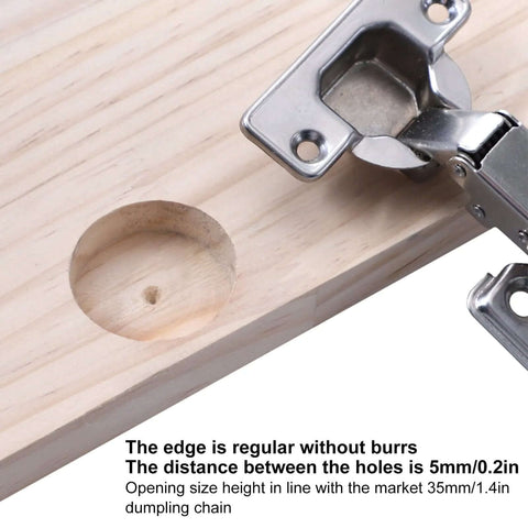 35mm hinge boring jig kit installed on a wooden edge with metal quick-clamp and drill guide