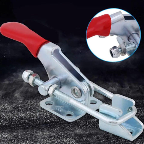 Four Piece Heavy Duty Toggle Clamps Set With Quick Acting Release Latch And No Fuss Adjustable Base close-up of metal clamp with red handle.
