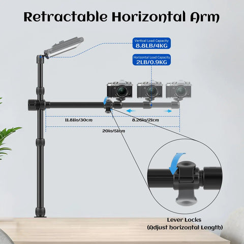 Overhead Desk Camera Mount Rig With 15.75 To 33.45 Inch Telescoping Boom C Clamp, horizontal arm adjustment detail