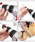 4-piece countersink drill bit set with 1/4 in hex shank and L-wrench; shows front, side, close-up and installed views