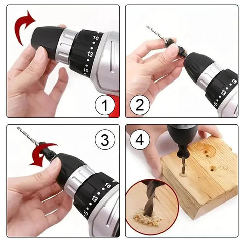 4-piece countersink drill bit set with 1/4 in hex shank and L-wrench; shows front, side, close-up and installed views
