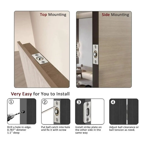 Solid Brass Door Ball Catch Set 4 Pack For Cabinet And Closet Doors With Stainless Steel Finish Built Tough Adjustable Dual Tension Full Lip Strike Hidden Catch With Screws installation guide showing top and side mounting steps.