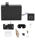 Fingerprint Cabinet Lock With Biometric Keyless System for Home and Office, includes lock case, sensor, screws, and cables.