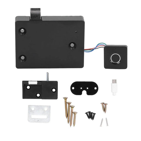Fingerprint Cabinet Lock With Biometric Keyless System for Home and Office, includes lock case, sensor, screws, and cables.