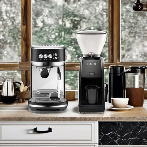Premium Black Espresso Coffee Maker And Burr Grinder Bundle For Fresh Home Barista Brews Smooth Specialty Shots on kitchen counter.