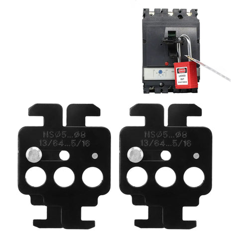 Rock Solid Two Piece Steel Circuit Breaker Lockout Kit With Heavy Duty Lockout Tagout Padlock For Switch Panels, black steel pieces.