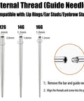 Internal thread guide needle for lip rings, ear studs, eyebrow studs, sizes 12G 14G 16G, 30mm length