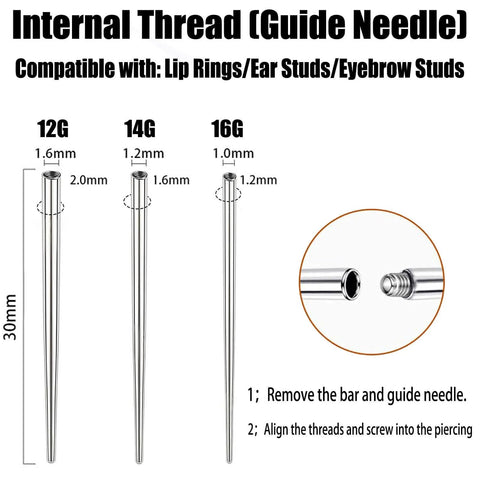 Internal thread guide needle for lip rings, ear studs, eyebrow studs, sizes 12G 14G 16G, 30mm length