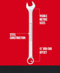 Metric Jumbo 5 Piece Wrench Set With Chrome Finish, Corrosion Resistant, 12 Point Box End, 15 Degree Offset, Large Markings.
