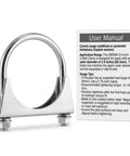 Beefy Heavy Duty Zinc Plated Carbon Steel U Bolt Clamp 2.5 Inch OD, 4 Pack with user manual on white background