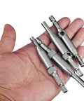 Center drill bit set in silver metal held in palm; knurled bits and hex-key tool included