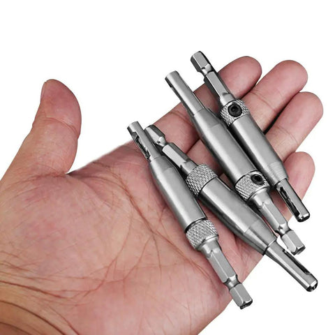 Person holding parts of the Eight Piece Center Drill Bit Set With Automatic Center Punch For Cabinets And Woodworking, Self Centering Hinge Tapper Core Hole Puncher, Pro Grade Kit