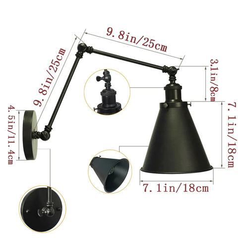 Dimensions of Industrial Black Finish Wall Sconce With Adjustable Arm And E26 Base 1 Light Fixture For Bedroom Living Room Study Office