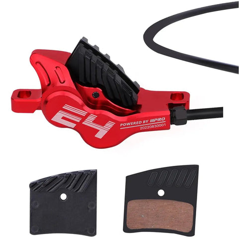 Heavy Duty Hydraulic Disc Brakes For Mountain Bikes With 800mm Front And 1550mm Rear Lines Four Piston Caliper red brake caliper and pads