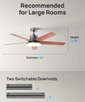 Next Level Smart Ceiling Fan With Lights 52 Inch Black for smart home cooling, diagram showing dimensions and downrods.