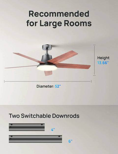Next Level Smart Ceiling Fan With Lights 52 Inch Black for smart home cooling, diagram showing dimensions and downrods.