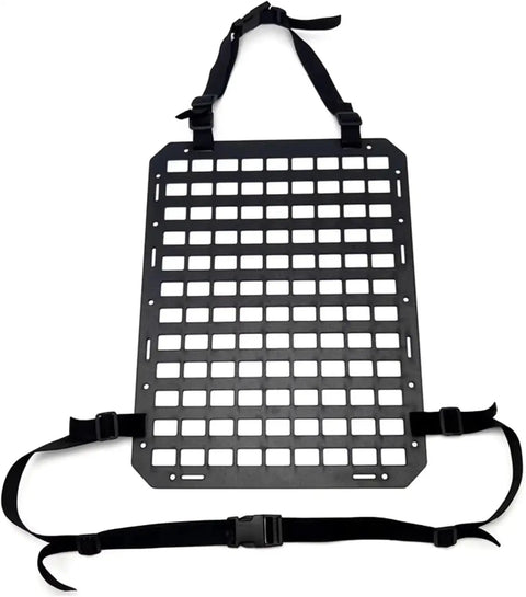 Badass Heavy Duty Abs Molle Panel For Tesla Cybertruck Bed Keeps Cargo Flat Out Rock Solid And Zero Droop While Sorting Recovery Tools And Survival Bags, black rigid panel with straps.