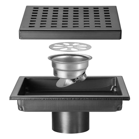 Heavy Duty 6 Inch Square Shower Drain Cover Featuring Removable Hair Catcher Grid Stops Clogs Quick Black Stainless Steel components