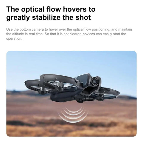 4K HD Dual Camera Drone With Remote Control Screen hovering over landscape using optical flow for steadiness.