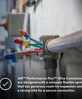 No-Fuss Performance Plus Wire Connectors on electrical setup showcasing flexible steel spring for 22-8 AWG wires.