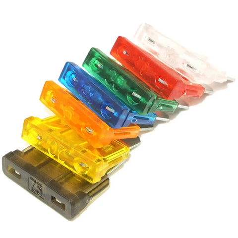 Color-coded blade fuses from Essential Auto Fuse Kit For Cars Trucks And Motorcycles with easy replacement and quick identification.