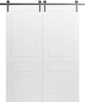 Double Barn Door 84 Inch By 96 Inch With 13 Foot Silver Rail Track Set For Solid Panel Interior Doors in white finish