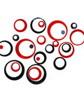 24Pcs Acrylic Circle Mirror Wall Stickers Set For DIY Home Decor, Dope Black And Red Reflective Decals shown on a white background