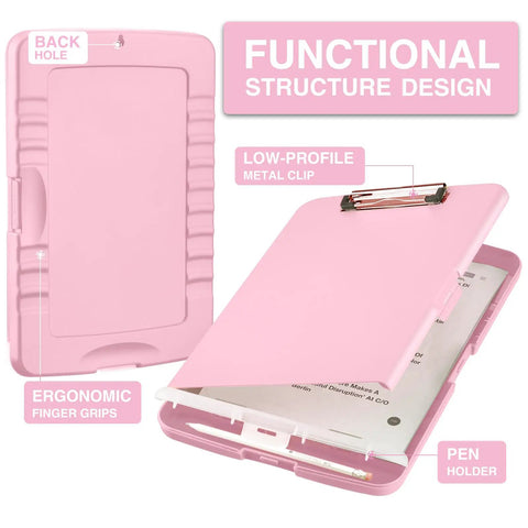 High Capacity Clipboards With Storage For 8.5x11 Papers Plastic Clipboard With Durable Metal Clip And Built In Pen Holder, pink and rose gold.