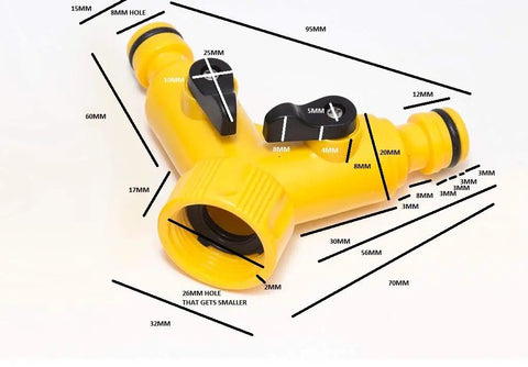 100 Pack Heavy Duty Yellow Hose Splitter Connectors Built For 12 Mm And Half Inch Bore Pipes With Two Male Outlets One Female Inlet Plus Handy Shut Off Valves For Quick Yard Jobs - detailed view with dimensions.