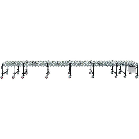 Workhorse 24 Inch Powered Flexible Roller Conveyor Built Rock Solid For Friction Free Package Transport And Lightning Fast Warehouse Loading Zones With Quick Length Tweaks, 19 feet long with driven rollers.