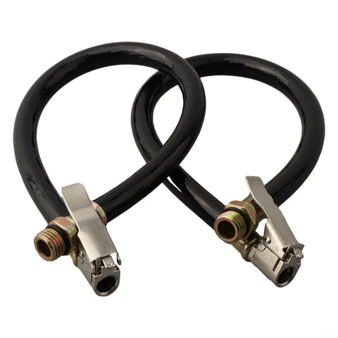 Heavy Duty Tire Inflator Hose For Quick Car Pump Up Without Taking Off Wheels, pair of rubber metal hoses 76 inches long.