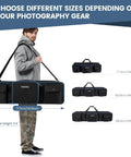 Man carrying Beefed Up Heavy Duty Tripod Carrying Case Bag 50.5 Inch Long Waterproof Nylon Gear Case with different size options shown