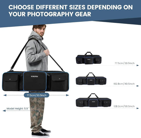 Man carrying Beefed Up Heavy Duty Tripod Carrying Case Bag 50.5 Inch Long Waterproof Nylon Gear Case with different size options shown