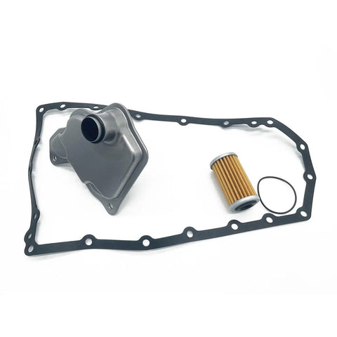Nissan Transmission Filter Kit With Oil Pan Gasket And 21 Bolts For JF017E RE0F10D Transmissions components arranged on white.