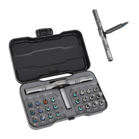 24 In 1 Magnetic Ratchet Screwdriver Set With Case And Detachable T Handle, Mini Precision Bit Kit displayed open with gray color.