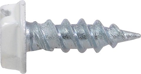 White Painted Hex Washer-Head Self-Piercing Screw Size Seven By One Half Inch shown on white background