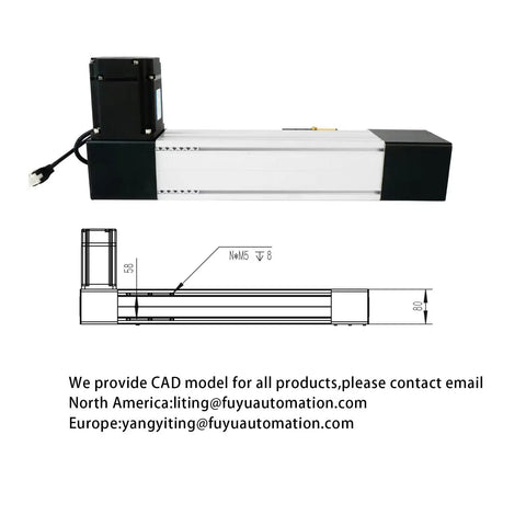 High Speed Linear Actuator Belt Drive CNC Guide Rail System With 1300mm Stroke NEMA34 Stepper Motor Mounts, side view with CAD drawing