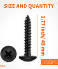 100 Pack Black Coated Size Six 1 3/4 Inch Full Thread Truss Head Phillips Wood Screws showing black finish and dimensions.