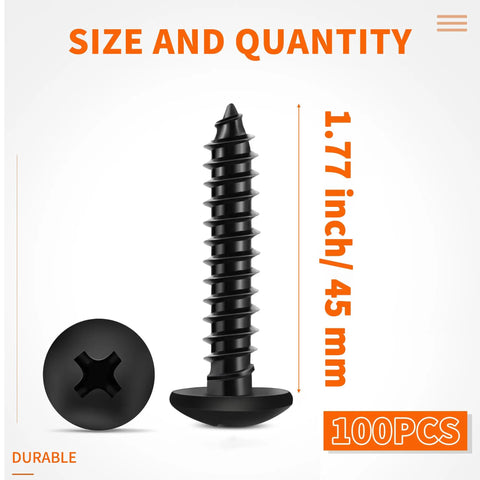 100 Pack Black Coated Size Six 1 3/4 Inch Full Thread Truss Head Phillips Wood Screws showing black finish and dimensions.