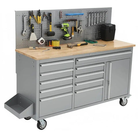 61 Inch Rolling Tool Chest With 10 Drawers And Rubber Wood Top For Boss Level Garage Tool Storage Cabinet With Power Strip Locking System Drawer Liners 1675 Lbs Capacity For Garage Shop And Warehouse Silver with tools and accessories on top