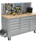 61 Inch Rolling Tool Chest With 10 Drawers And Solid Rubber Wood Top Mobile Workshop Station 1675 Lb Capacity Includes Power Strip Locking System Drawer Liners Built To Take A Beating For Garage Shop And Warehouse Repairs. with pegboard and tools
