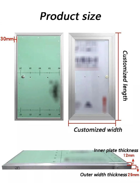 Product size details of No Fuss Flush Mount Fire Rated Hidden Access Door Kit Featuring Paintable Gypsum Surface And Built Tough Aluminum Frame.