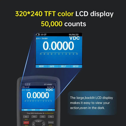 Handheld Digital Oscilloscope Multimeter 3 In 1 with 3.5 inch color LCD display showing VDC reading, 50,000 counts.